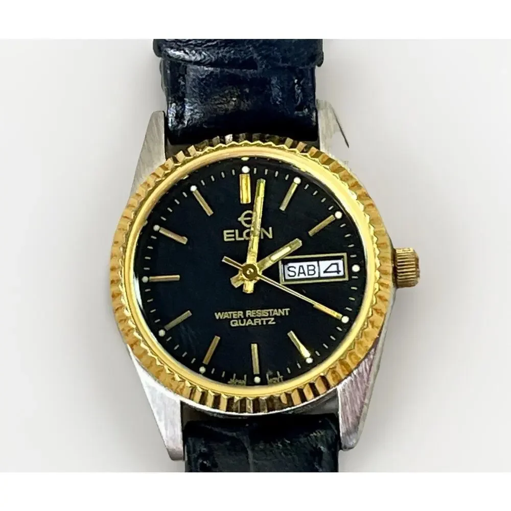 Elgin Quartz Watch Black Dial Day Date Gold Bezel Leather Strap ES173012 Works
